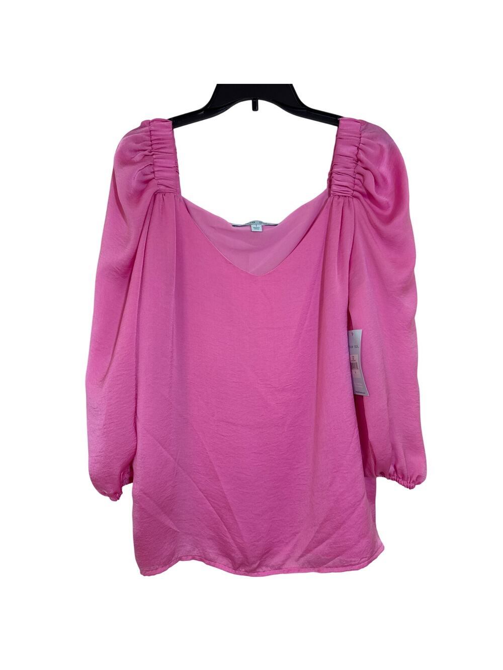 Blue Sol Large Pink Satin V-neck Pleated Gathered Shoulders Long Sleeve Blouse